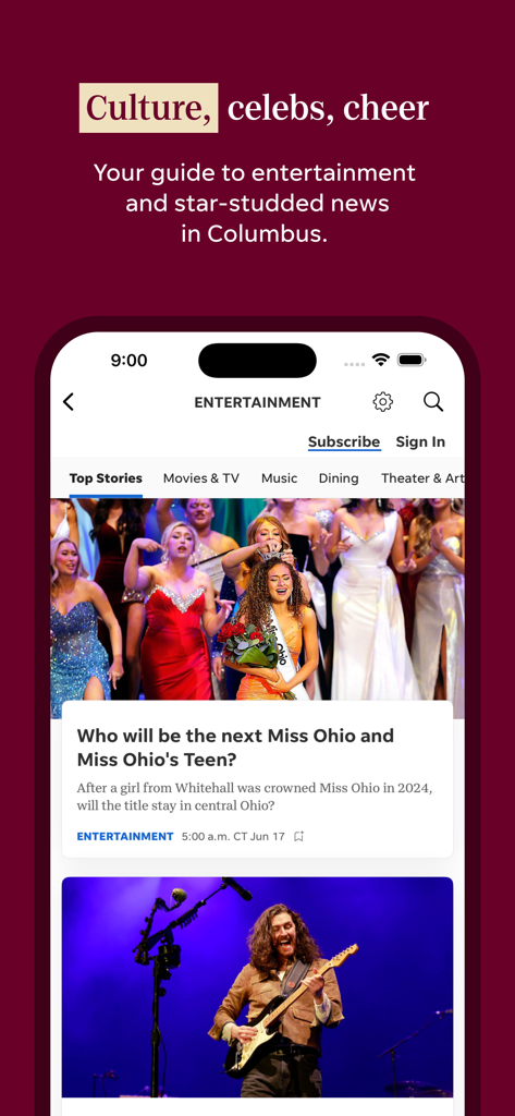 The entertainment section of the Columbus Dispatch app displaying local culture and star-studded news.