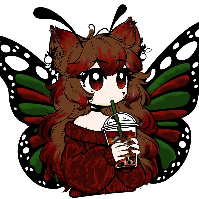 a realistic butterfly/furry girl drinking boba
