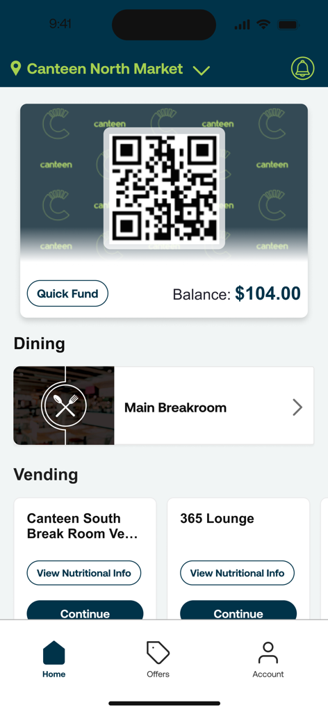 Connect & Pay - Startbildschirm der Connect and Pay mobilen App mit QR-Code für bargeldlose Zahlungen in Micro Markets
