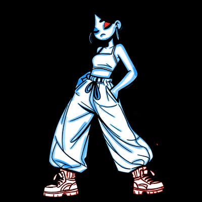 girl in baggy pants crop top and long hair