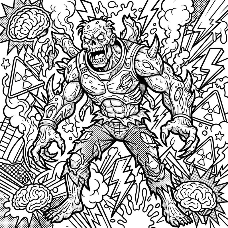 Dive into a world of vibrant terror with this Mutated Zombie Pop Art coloring page! Experience the thrill of bringing this grotesque, comic-inspired creature to life with your favorite colors.