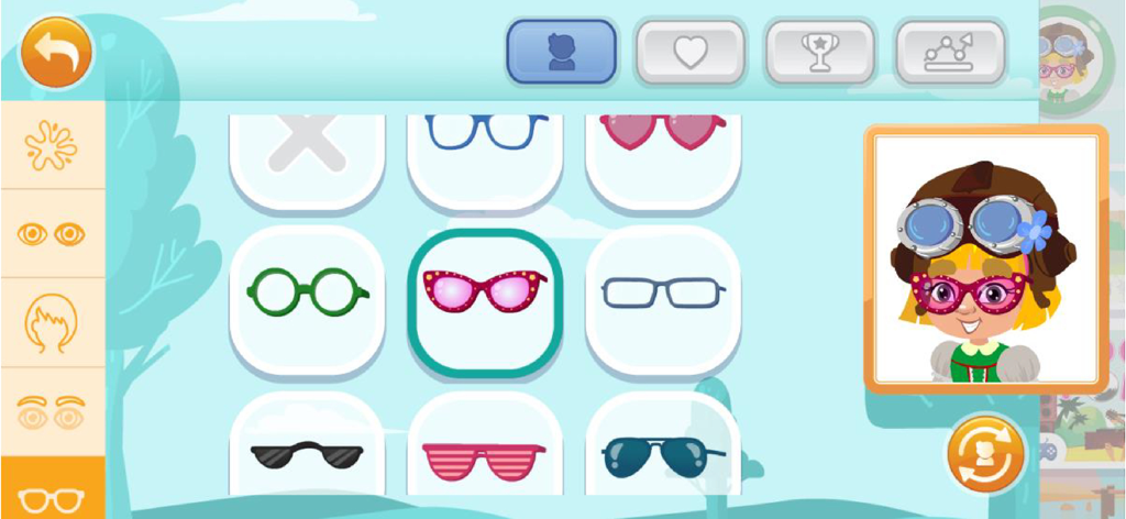 Kangi Club - English For Kids! - Un menú en la aplicación Kangi Club para personalizar un avatar de dibujos animados con varias opciones de gafas
