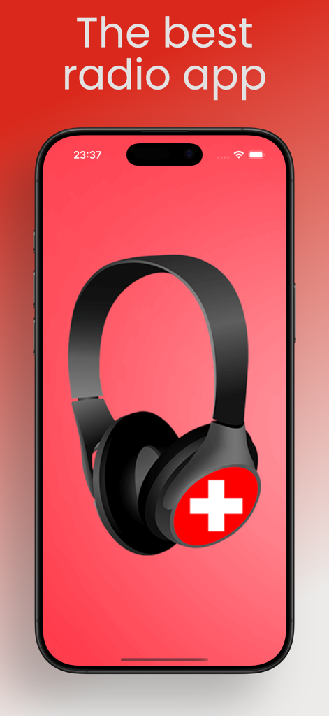 iPhone zeigt die Benutzeroberfläche der Radio Schweiz App mit Kopfhörern und einer Schweizer Flagge