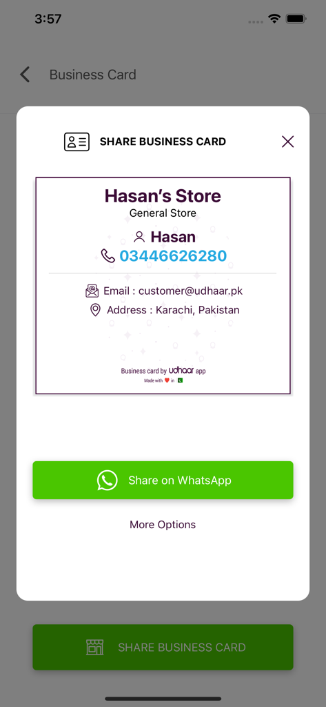 Udhaar Book – Digi Khata Book - Digital business card sharing interface in the Udhaar Book app