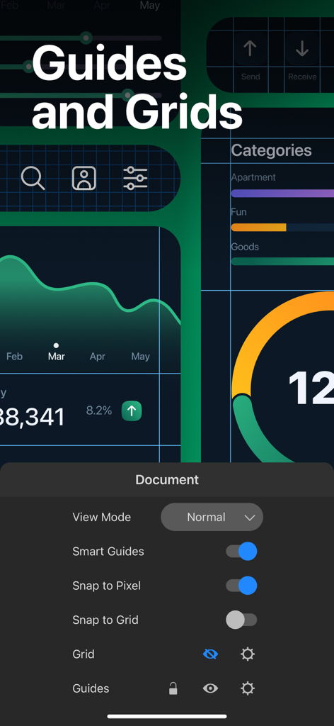 Amadine app interface showing guides and grids settings for vector UI design