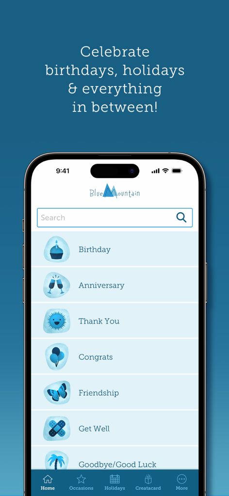 Écran d'accueil de l'application Blue Mountain Ecards affichant diverses catégories de cartes de vœux