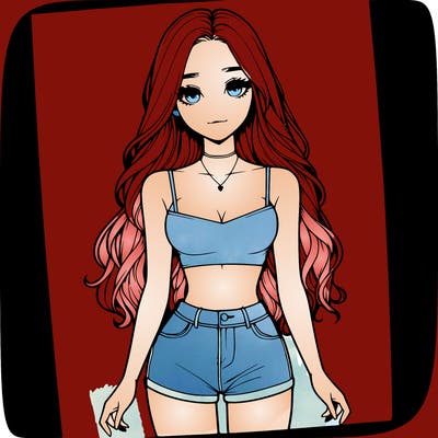 a realistic girl with long hair and in a crop top and shprts
