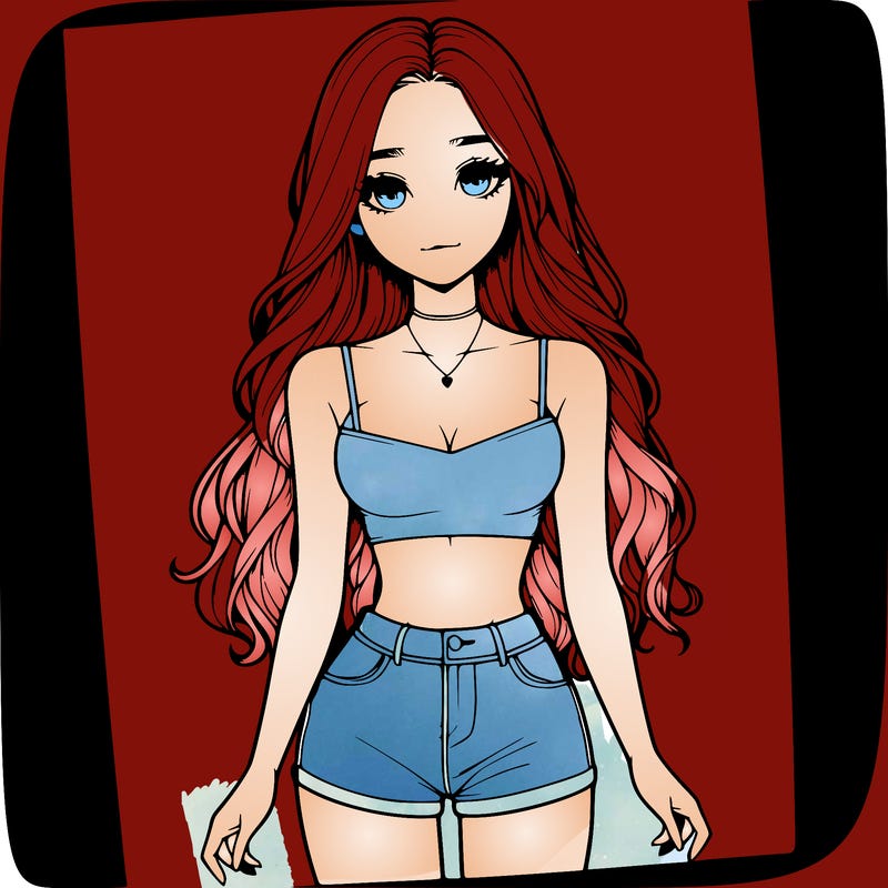 a realistic girl with long hair and in a crop top and shprts