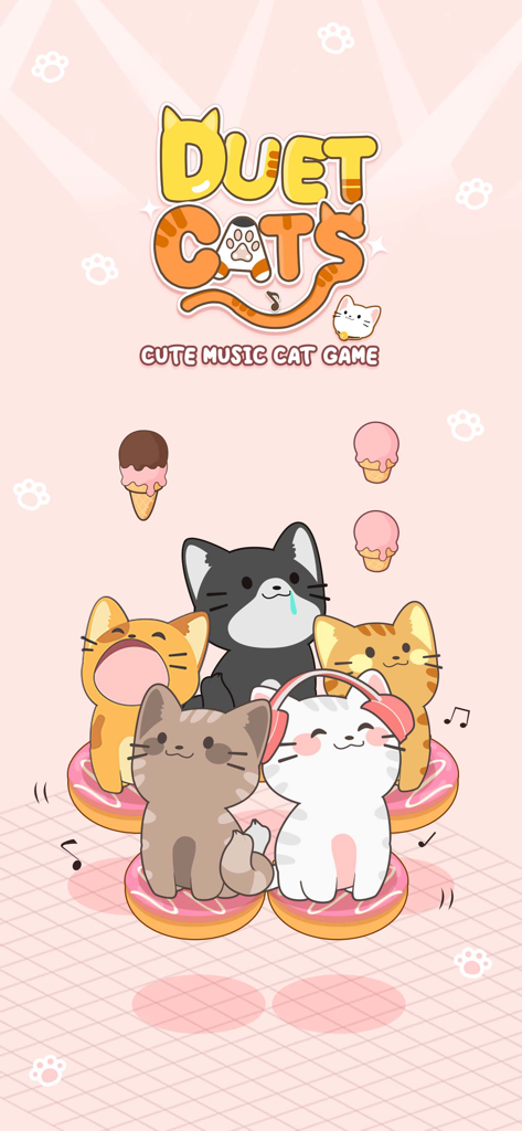 Duet Cats: Rhythm Meow Game - Cinco gatos fofos de desenho animado sentados em donuts abaixo do logotipo do jogo Duet Cats.