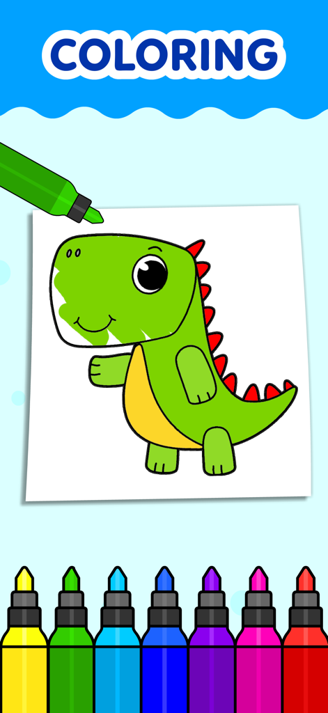 A digital coloring page of a green cartoon dinosaur with several colorful markers at the bottom.