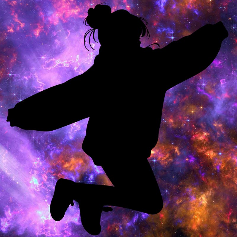 realistic girl jumping with a bun and oversized sweatshirt