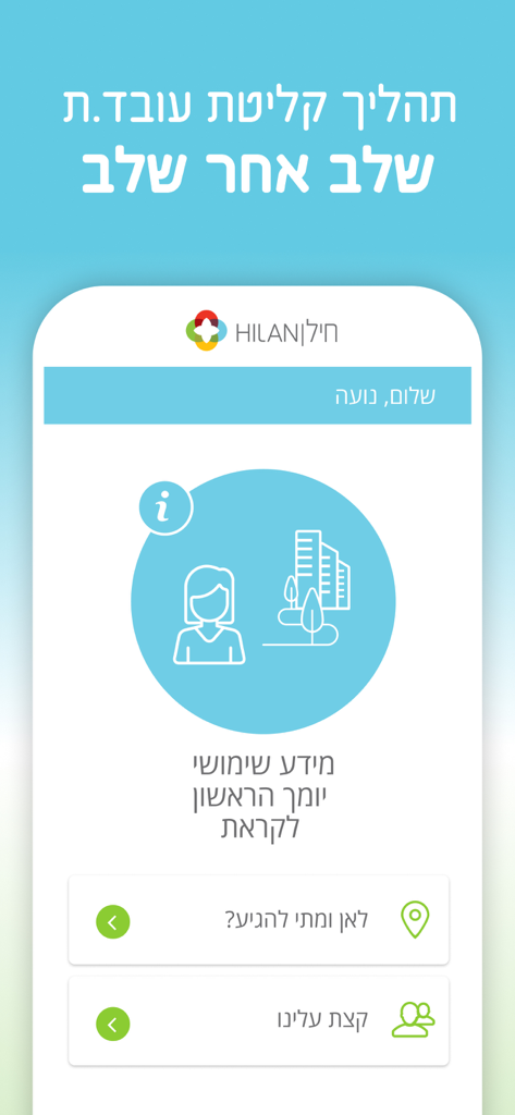 HILANET חילנט - Mobile app interface of Hilanet showing a step by step employee onboarding process and first day information.