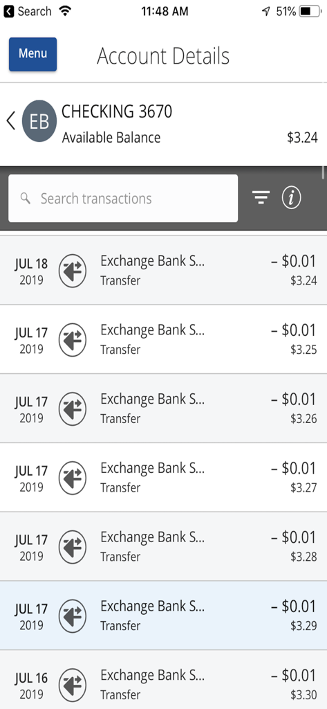 Account details page of Exchange Bank mobile app showing balance and transaction list