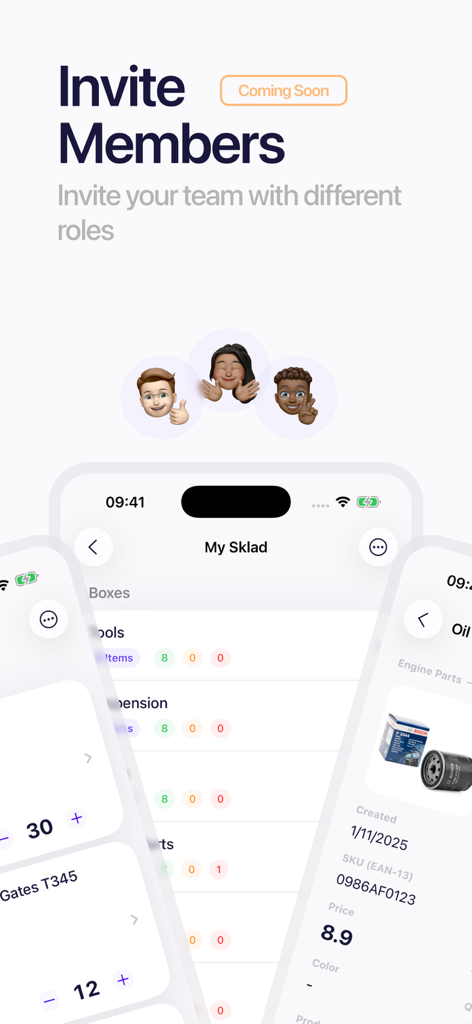 Inventory Tracker - Sklad - Sklad inventory tracker app interface showing the invite members and team collaboration feature coming soon.