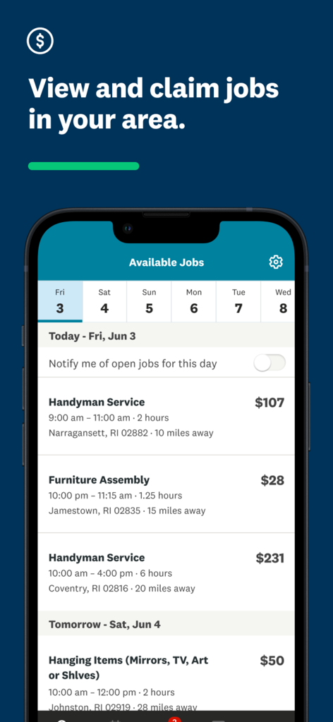 A list of available handyman and furniture assembly jobs with prices and locations on the Angi Services for Pros app