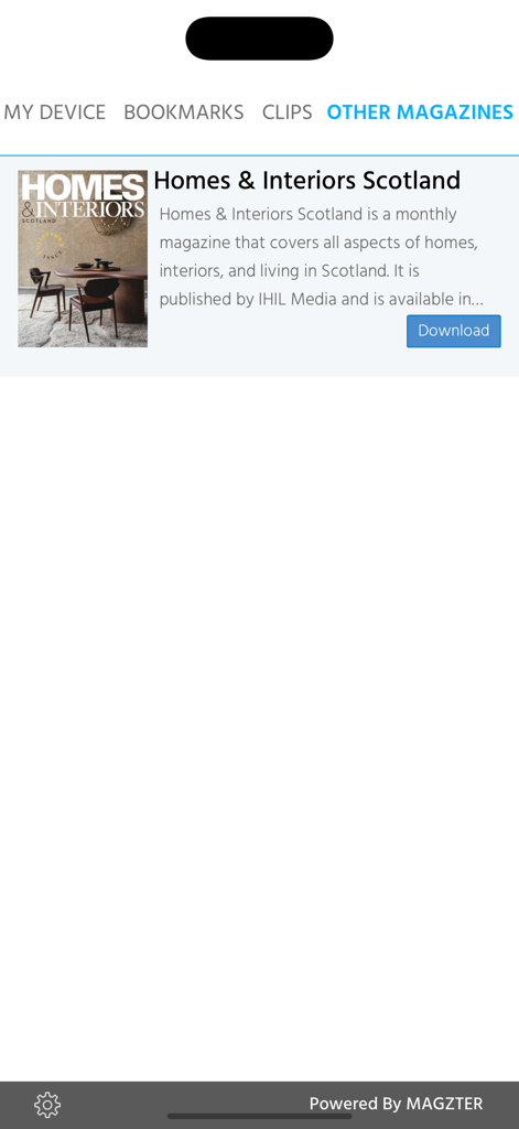 Tie the Knot Scotland - The Other Magazines section of the app showing a recommendation for Homes and Interiors Scotland with a download button.