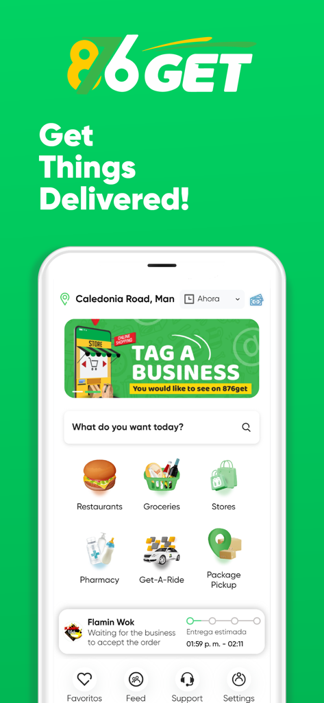 876get - Home screen of the 876get mobile app showing delivery categories like restaurants, groceries, pharmacy, and rides.
