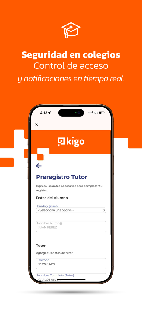 Kigo app tutor registration screen for school security access control
