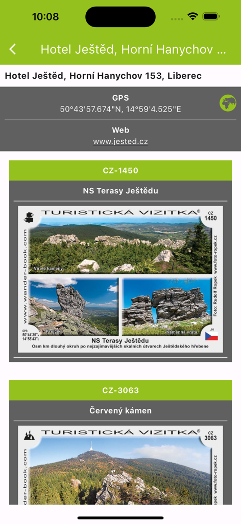 Wander Book - Wander Book mobile app interface showing location details for Hotel Jested and digital tourist stickers with scenic views