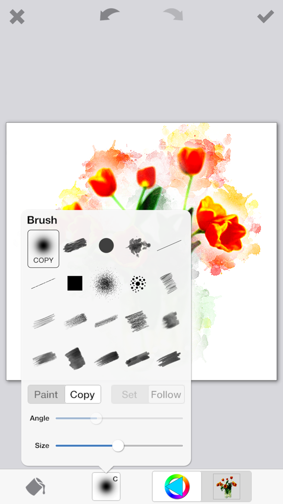 PhotoViva - Paintings from your photos! - A screenshot of the PhotoViva app showing a menu of artistic brushes over a watercolor style painting of red tulips