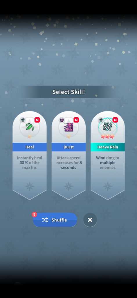 Skill selection screen in The Legend of Tartar showing Heal, Burst, and Heavy Rain options