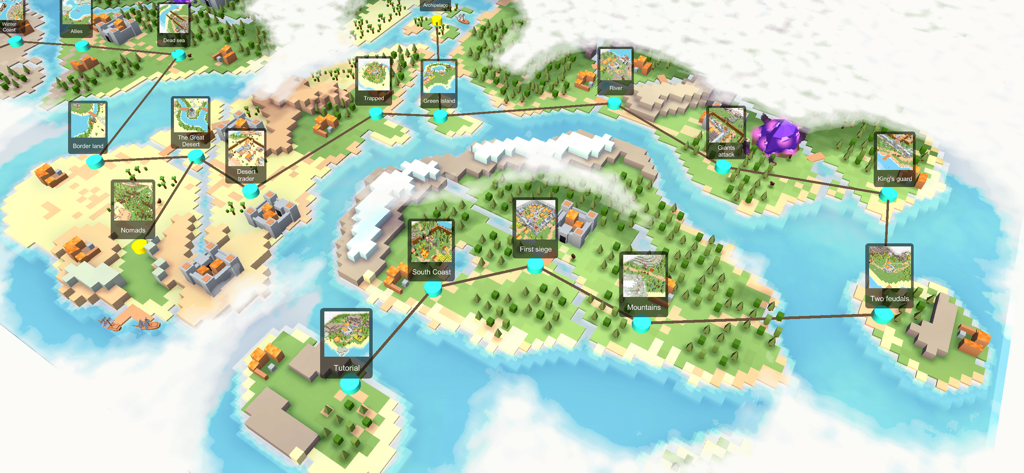 RTS Siege Up! - An overworld view showing various campaign levels and mission nodes across islands in RTS Siege Up