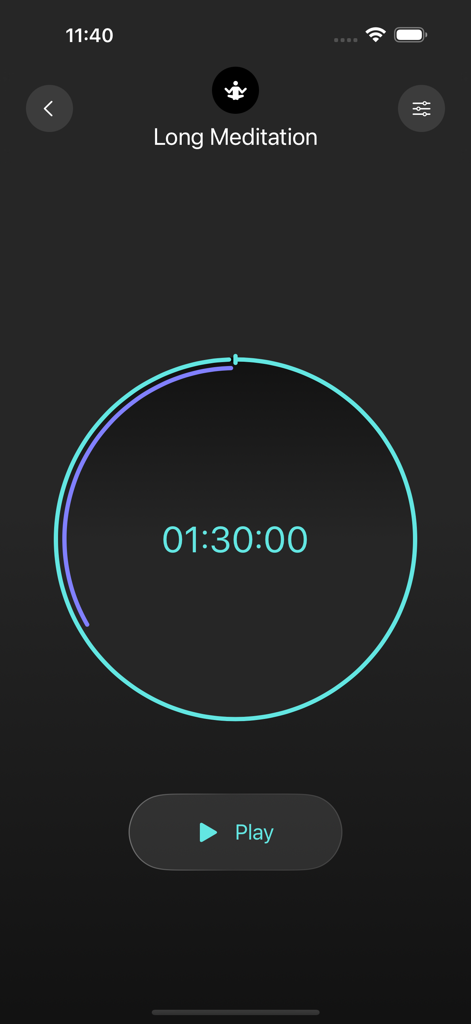Gong Timer - Mindfulness Space - Interfaz de la aplicación Gong Timer que muestra una sesión de meditación larga con un temporizador circular minimalista y botón de reproducción.