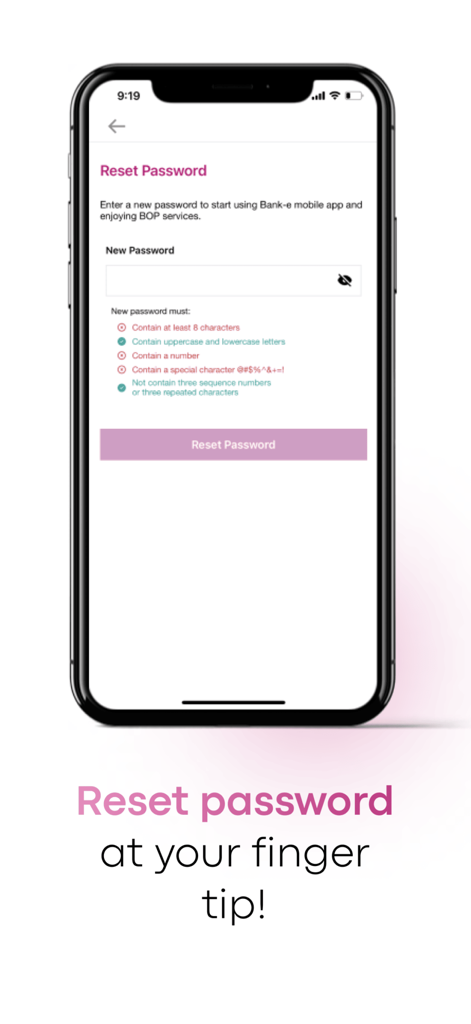 Bank of Palestine - Pantalla de restablecimiento de contraseña de la aplicación móvil de Bank of Palestine que muestra los requisitos de seguridad y un campo de entrada