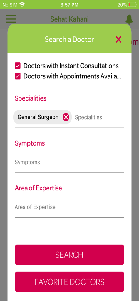 Tela de pesquisa de médicos do aplicativo Sehat Kahani Corporate com filtros de especialidade e sintomas