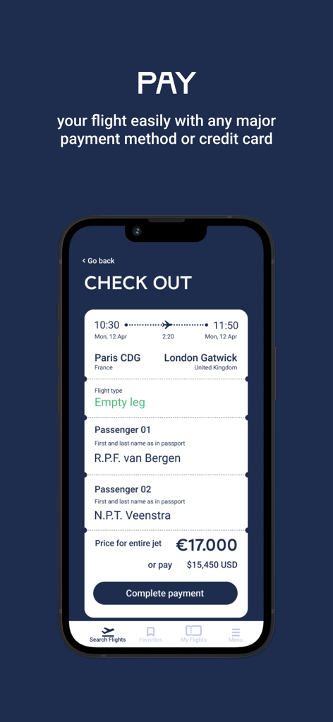 Catch a Jet - Checkout screen of the Catch a Jet app showing private jet flight details and payment options.