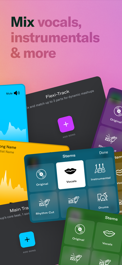 MashApp Music mobile interface showing the stems feature to mix vocals instrumentals and drums for remixes