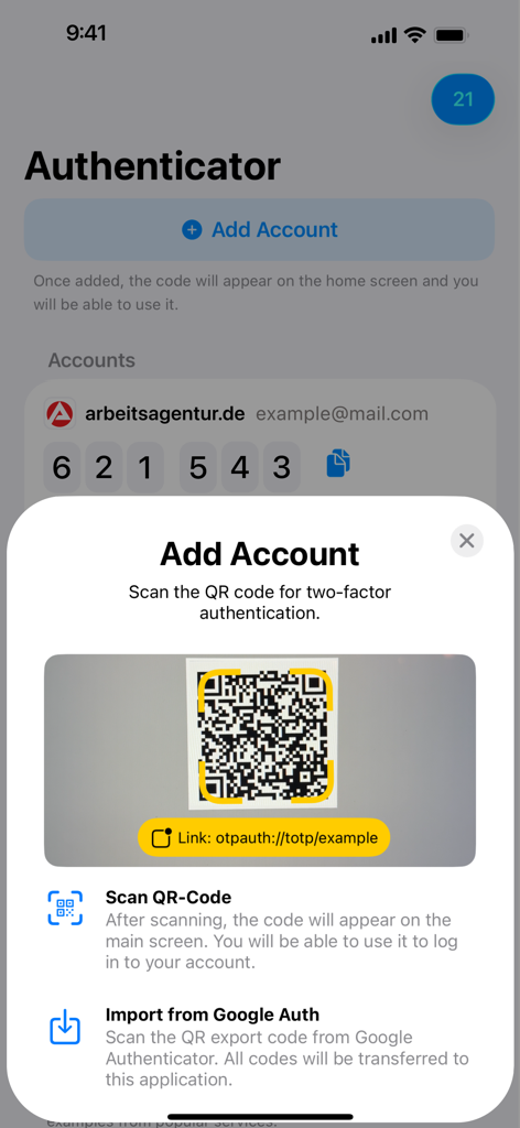 Add account screen in the TOTP Authenticator app showing a QR code scanner and an option to import from Google Authenticator
