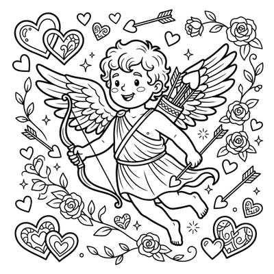 Invite your little ones to celebrate love and friendship with this delightful Valentine's Day Cupid coloring page. It features a cheerful Cupid amidst hearts and roses, designed specifically for children aged 4-8 to enjoy.