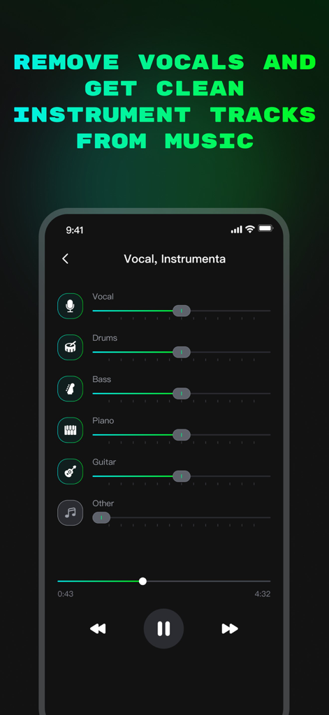 Vocal Remover by island - vocal remover 앱의 인터페이스가 보컬 및 악기에 대한 분리된 오디오 트랙을 보여줍니다.