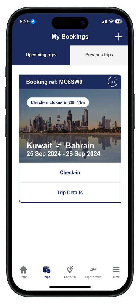 Kuwait Airways mobile app My Bookings screen showing upcoming trip details and check-in options.