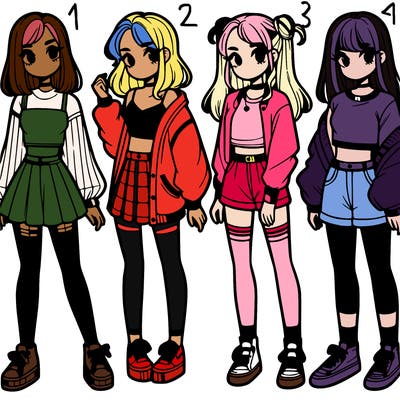 one girl with crop-top shirt and a jacket with a skirt, long socks and another girl with a shirt and pants with a jacket