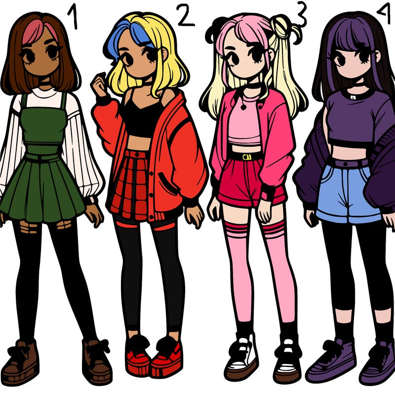 one girl with crop-top shirt and a jacket with a skirt, long socks and another girl with a shirt and pants with a jacket