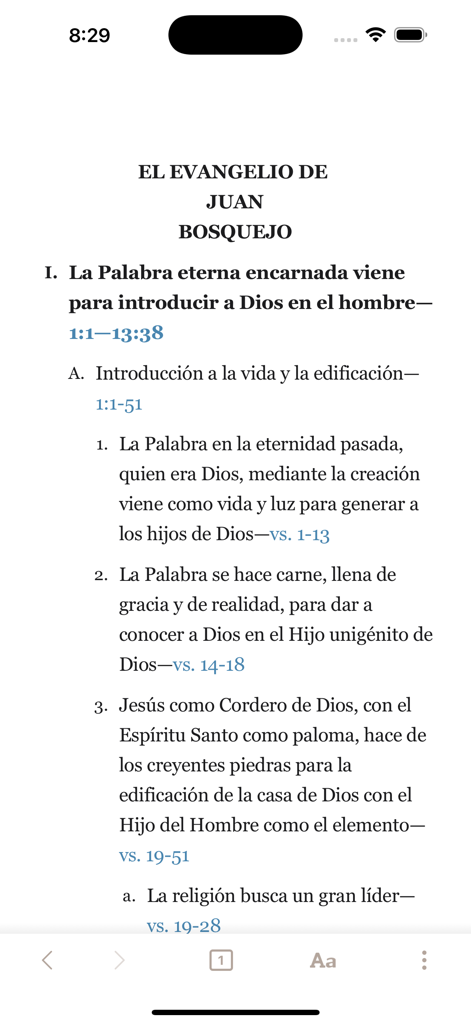 Bosquejo detallado del Evangelio de Juan en la aplicación Santa Biblia Versión Recobro