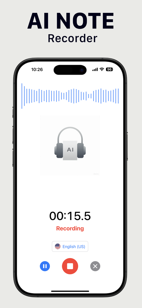 AI Note Taker from Audio: Rec+ - Interfaz de la aplicación móvil AI Note Taker mostrando una sesión de grabación de audio activa con una forma de onda y un temporizador