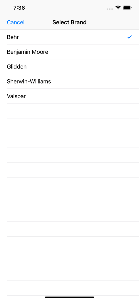Vivid - Paint Colors - Interfaz de la aplicación Vivid que muestra una lista de las principales marcas de pintura, incluyendo Behr y Sherwin-Williams.