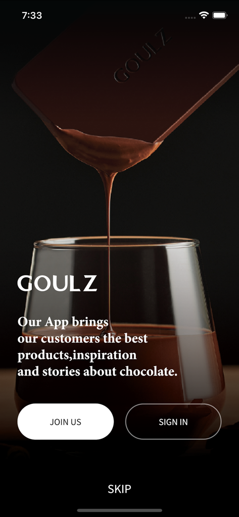 Goulz luxury chocolate app splash screen showing liquid chocolate pouring into a glass