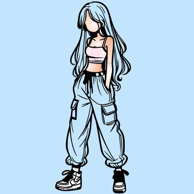 girl in baggy pants crop top and long hair