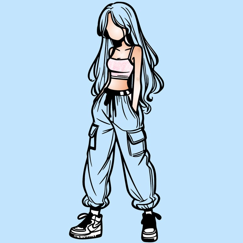 girl in baggy pants crop top and long hair