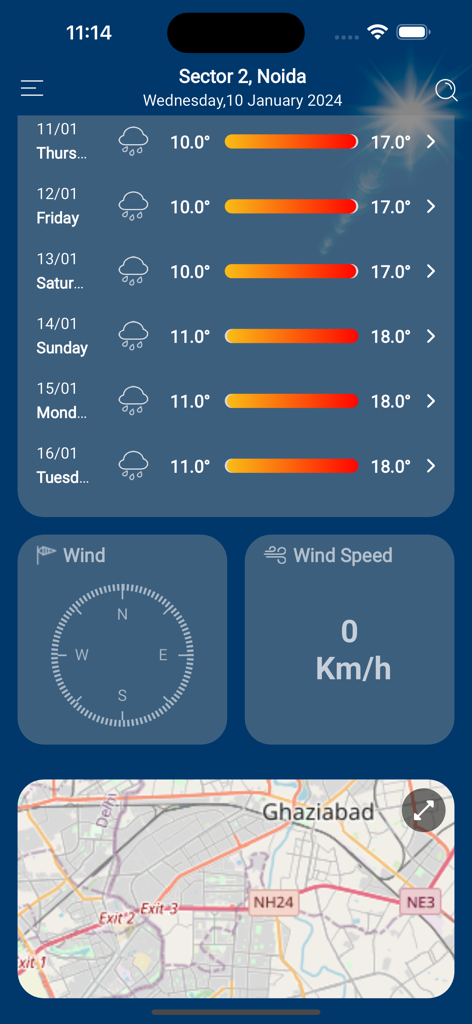 Mausam - Interfaz de la aplicación Mausam que muestra el pronóstico del tiempo para Noida con rangos de temperatura y velocidad del viento