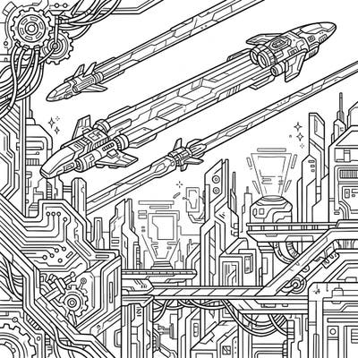 Dive into a dystopian future where sleek spacecraft leave luminous trails across a high-tech cityscape. This intricate coloring page blends the beauty of contrails with the gritty allure of cyberpunk.