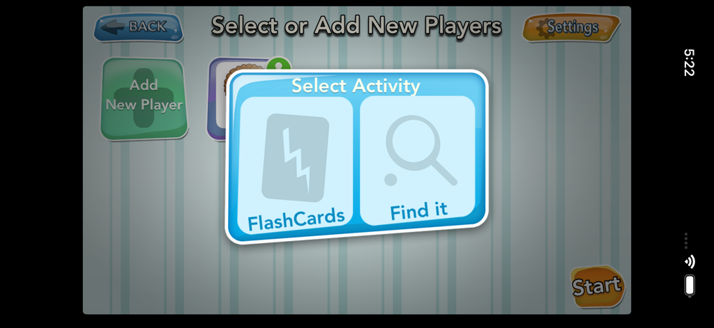 iPractice Verbs - Activity selection menu in iPractice Verbs showing options for FlashCards and Find it game modes