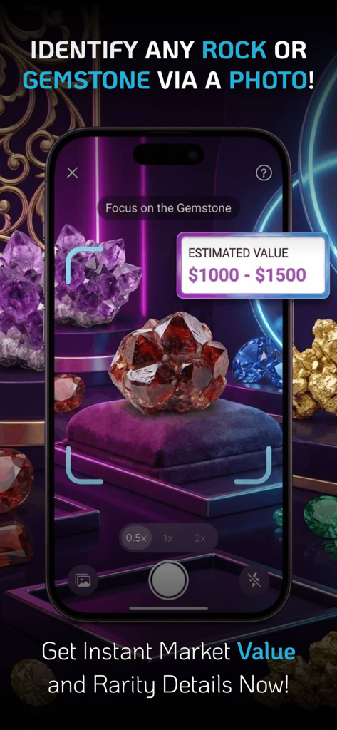 Interfaz de la aplicación Rockfy identificando una gema y mostrando su valor de mercado estimado