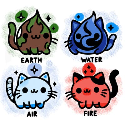 4 cats that represent the different elements, earth, water, air, and fire
