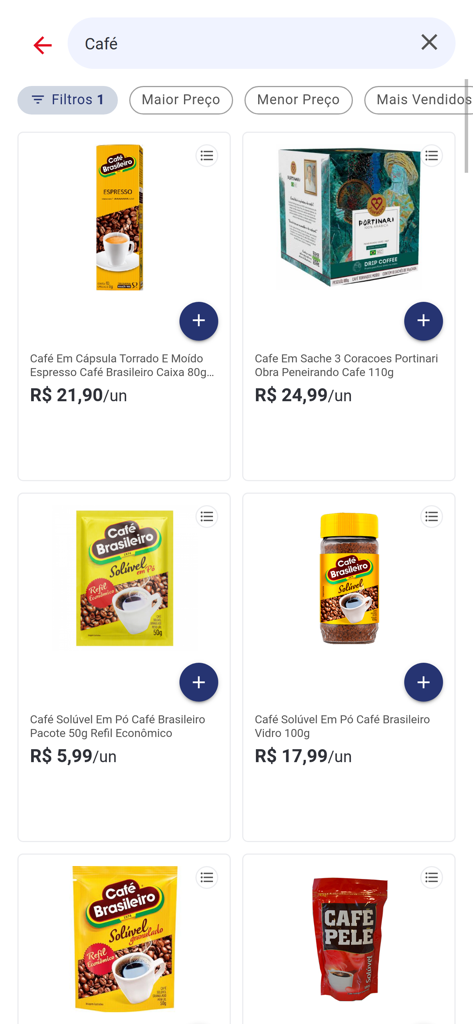 Semar Entrega - Risultati di ricerca di prodotti di caffè nell'app di consegna della spesa Semar Entrega che mostrano varie marche e prezzi