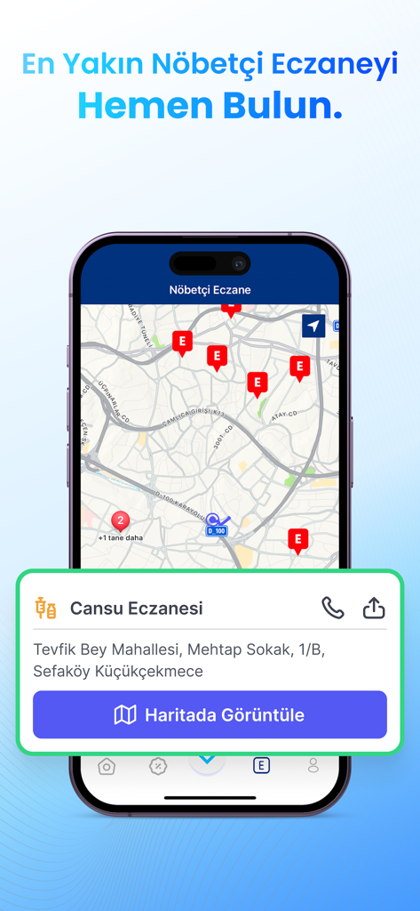 Happ | Check-Up - A mobile app interface showing a map with duty pharmacy locations in Turkey and details for Cansu Eczanesi.